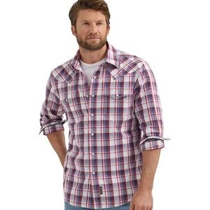 Wrangler Men's Retro Western White, Red, and Blue Plaid Shirt